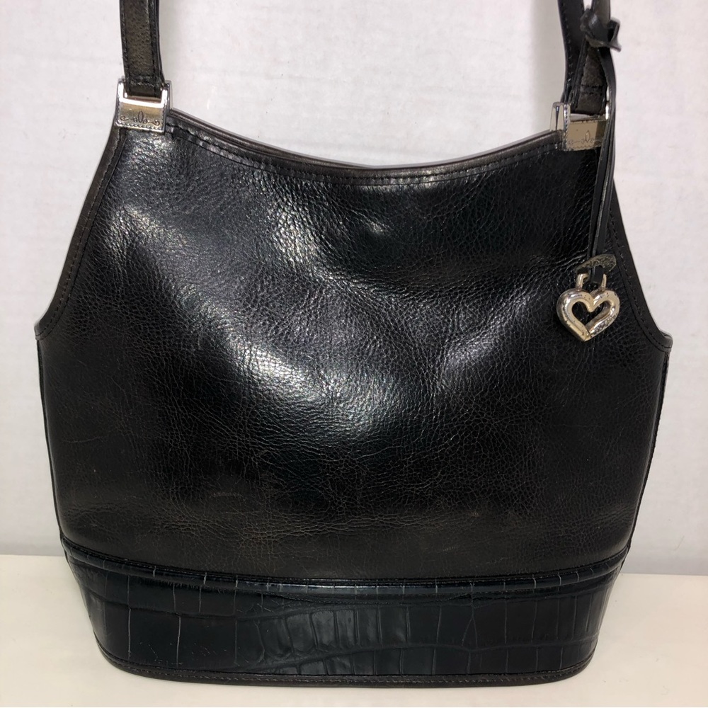BRIGHTON Vintage Black Smooth Croc Embossed Leather Satchel Shoul…